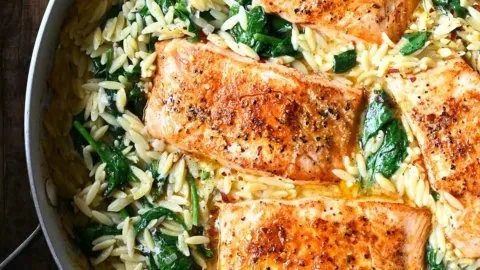 Delicious skillet salmon served with lemon orzo in a one-pan meal