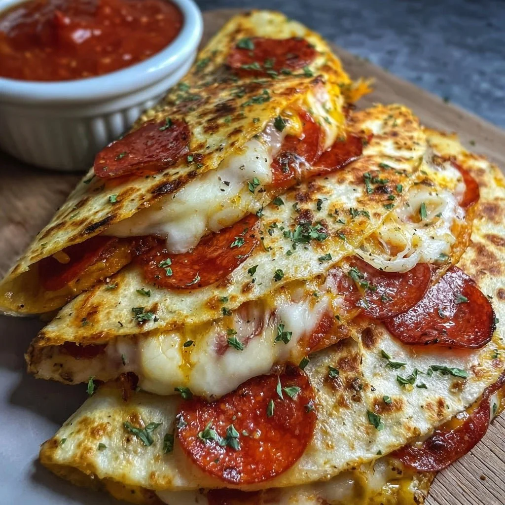 Delicious pepperoni pizza quesadillas with melted cheese and marinara sauce.