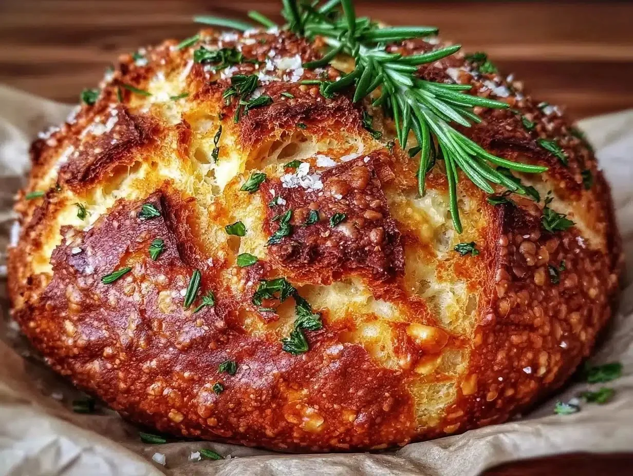 Loaf of artisan-style Parmesan Garlic Bread garnished with parsley
