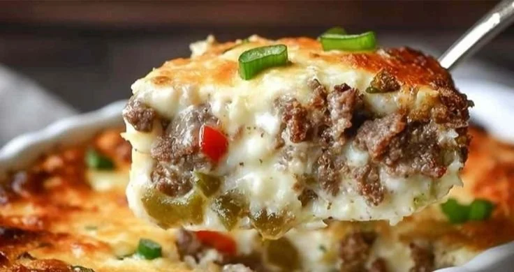 Philly Cheesesteak Skillet with beef, peppers, and cheese in a cast iron pan