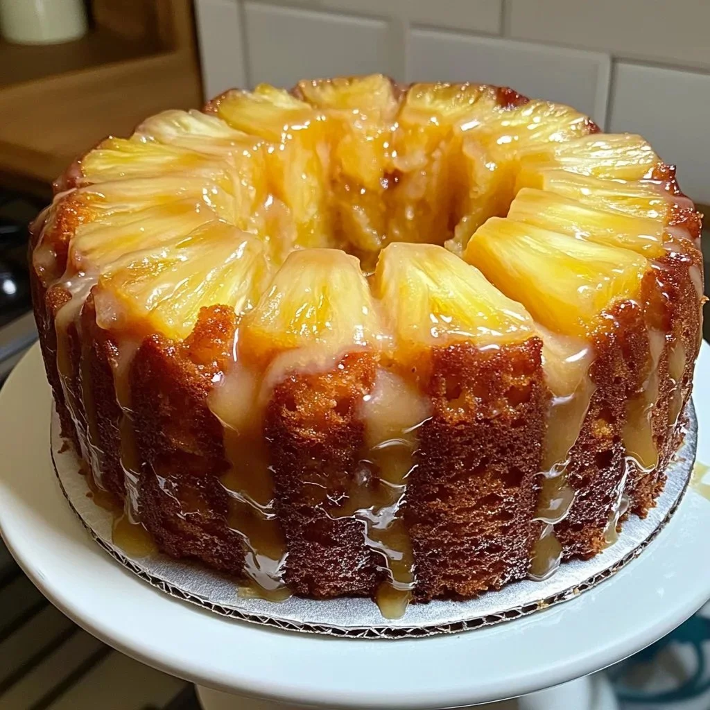 Delicious Pineapple Pound Cake with a glossy pineapple glaze on top.