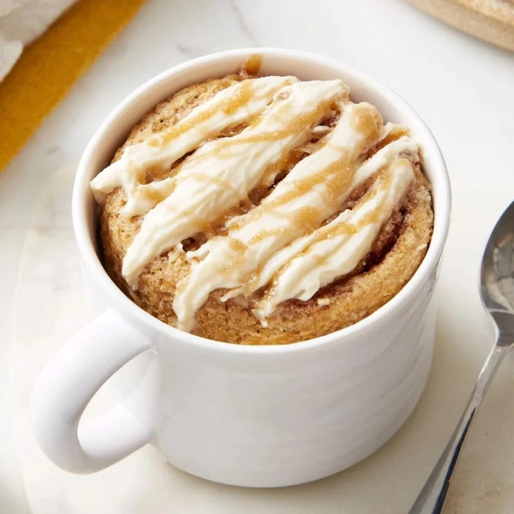 Delicious protein-packed Zimtschnecken-Tassenkuchen in a cozy mug.