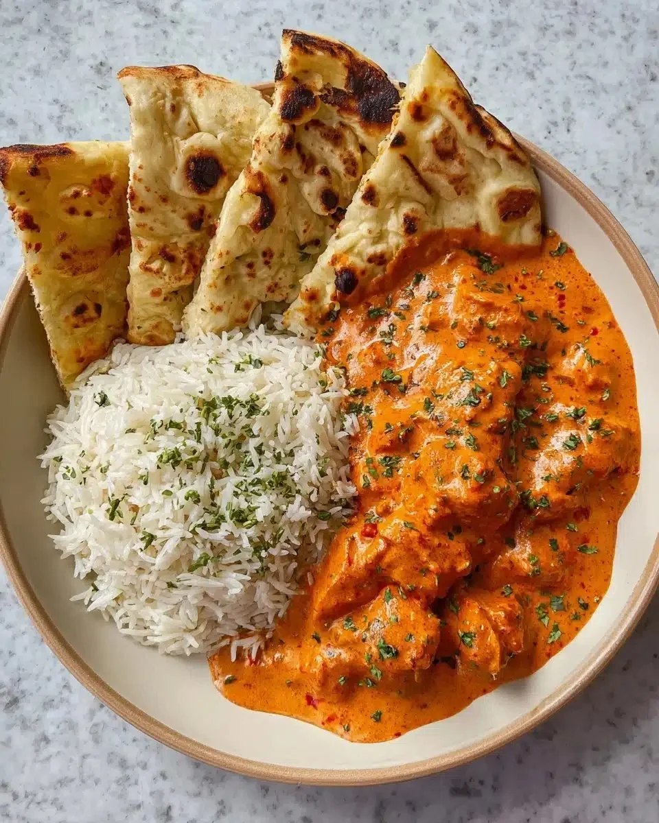 Delicious homemade butter chicken served with rice and naan bread.