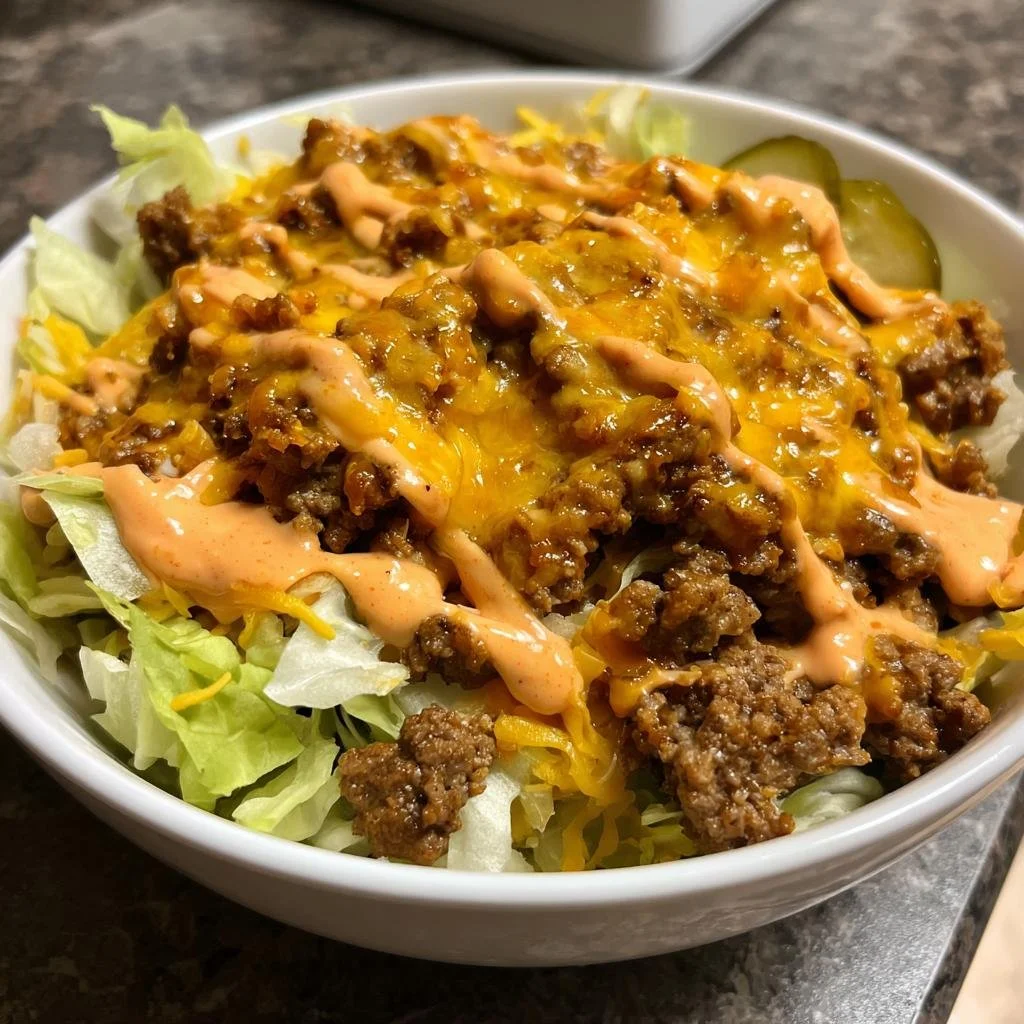 Low-carb cheeseburger bowl with tangy sauce and fresh toppings.