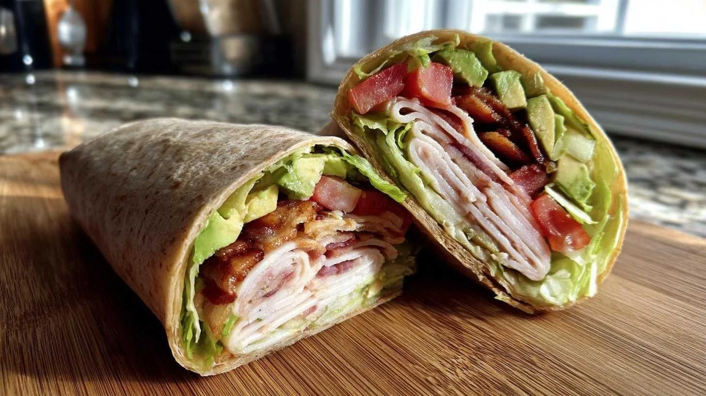 Healthy Turkey Avocado Club Wrap with fresh ingredients and vibrant colors.