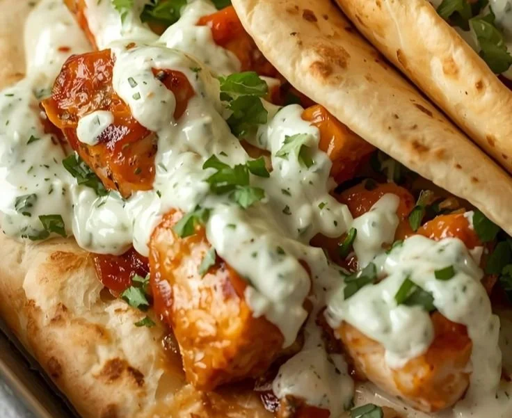 Sheet pan chicken pitas served with homemade herby ranch dressing