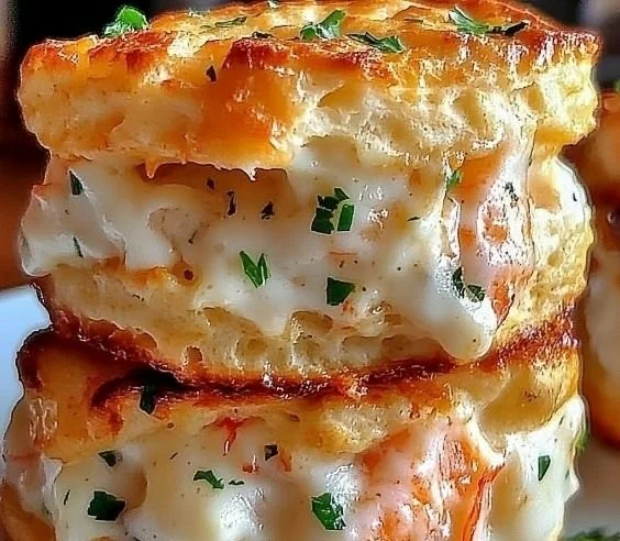 Close-up of shrimp crab biscuit melts on a plate.
