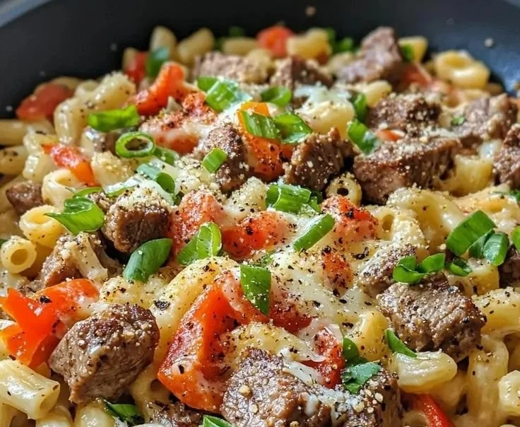 Creamy Steak and Pepper Jack Cheese Macaroni served in a bowl