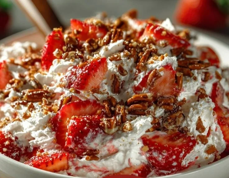 Colorful Strawberry Crackle Salad with fresh berries and crunchy toppings