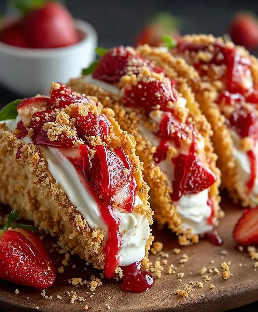 Delicious strawberry crunch cheesecake tacos with a creamy filling and crispy shell