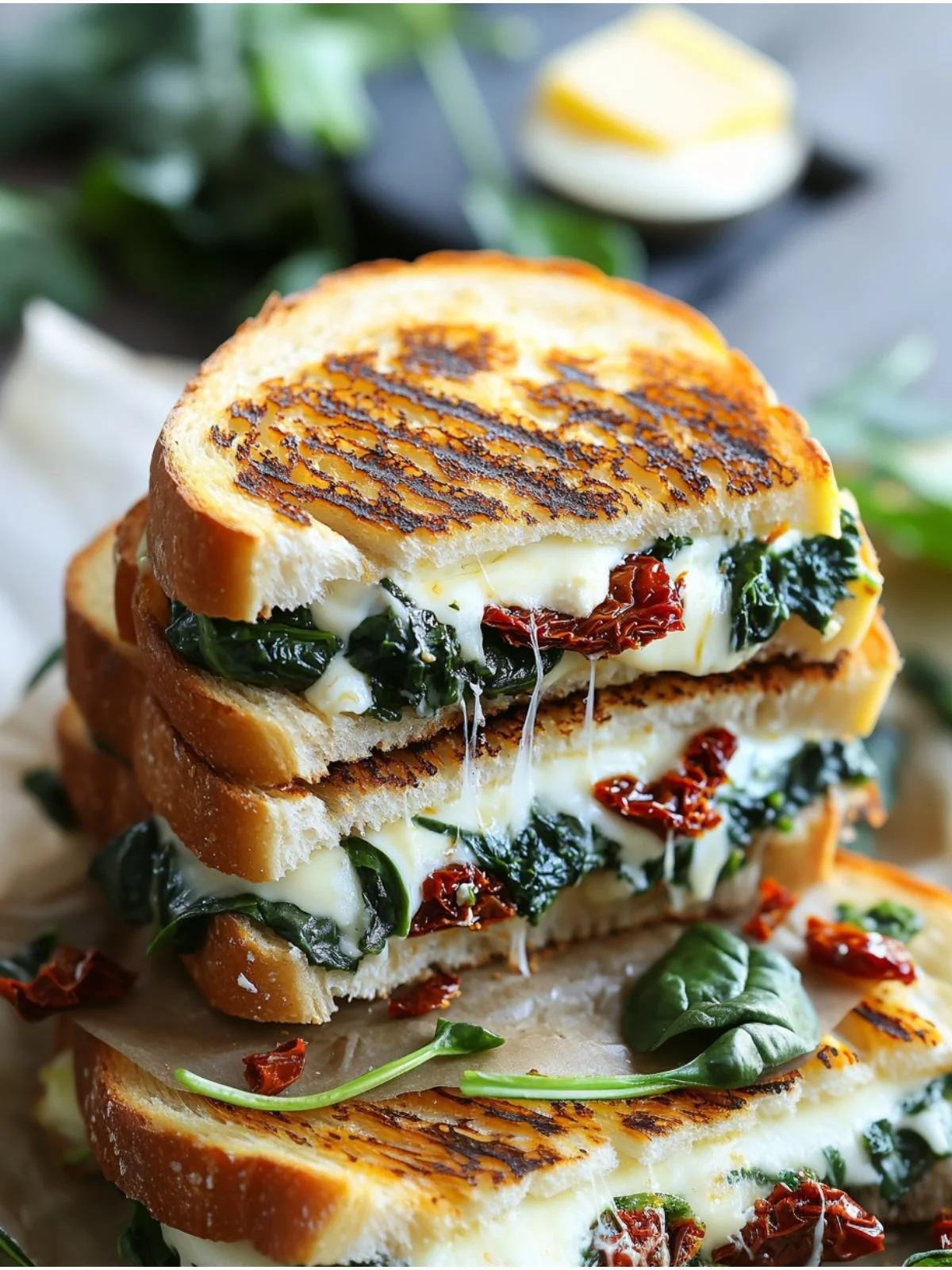 Sun-dried tomato, spinach, and ricotta grilled cheese sandwich on a plate.