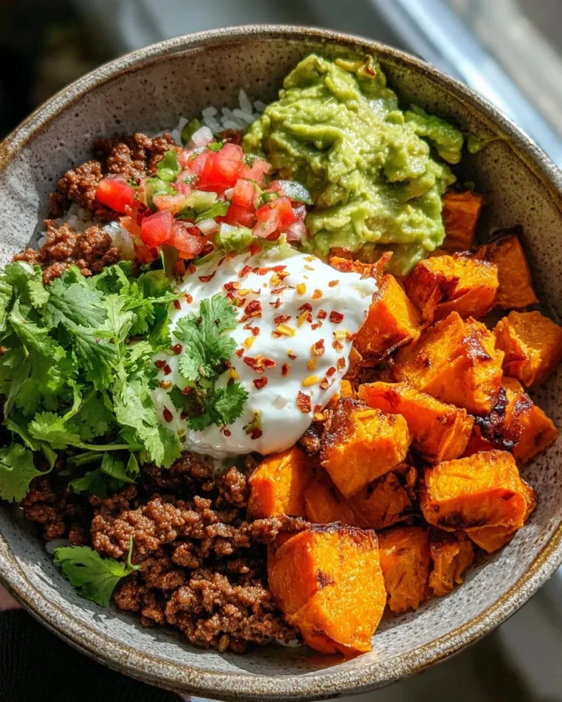 Delicious sweet potato taco bowl topped with fresh vegetables and spices