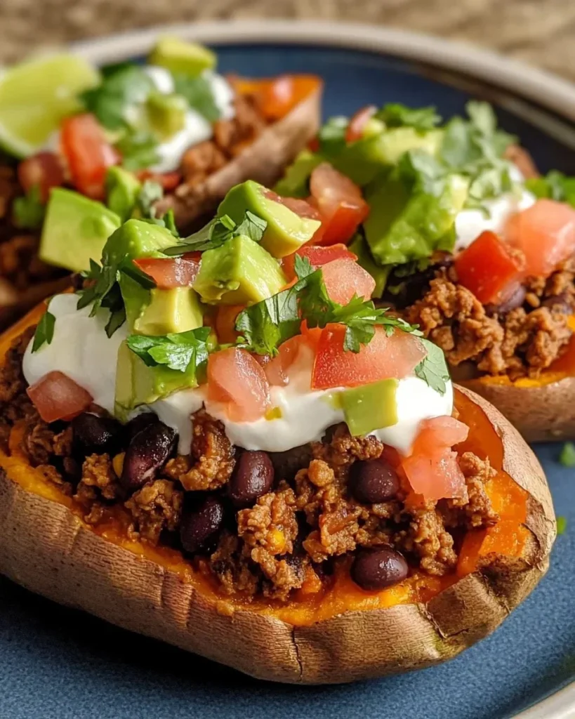 Taco stuffed sweet potatoes topped with fresh ingredients and spices.