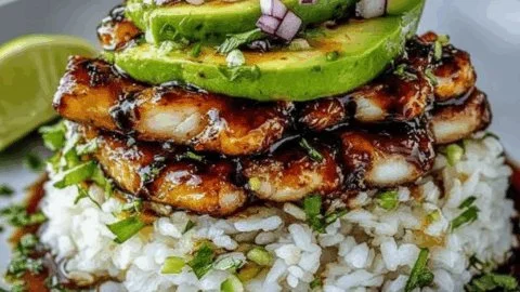 Delicious Honey Lime Chicken served with Avocado Rice Stack