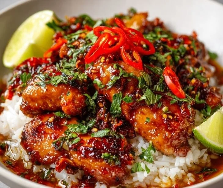 Plate of Thai Sweet Chili Chicken garnished with fresh herbs