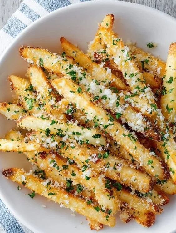 Delicious air fryer garlic parmesan fries served in a bowl.