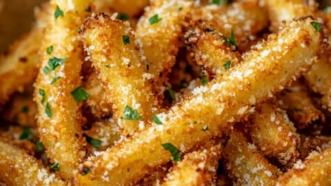 Crispy air fryer garlic parmesan fries sprinkled with herbs and cheese