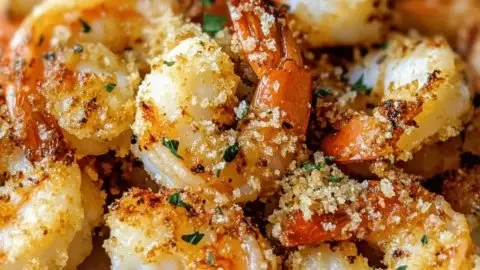 Air fryer garlic parmesan shrimp dish garnished with parsley on a plate.