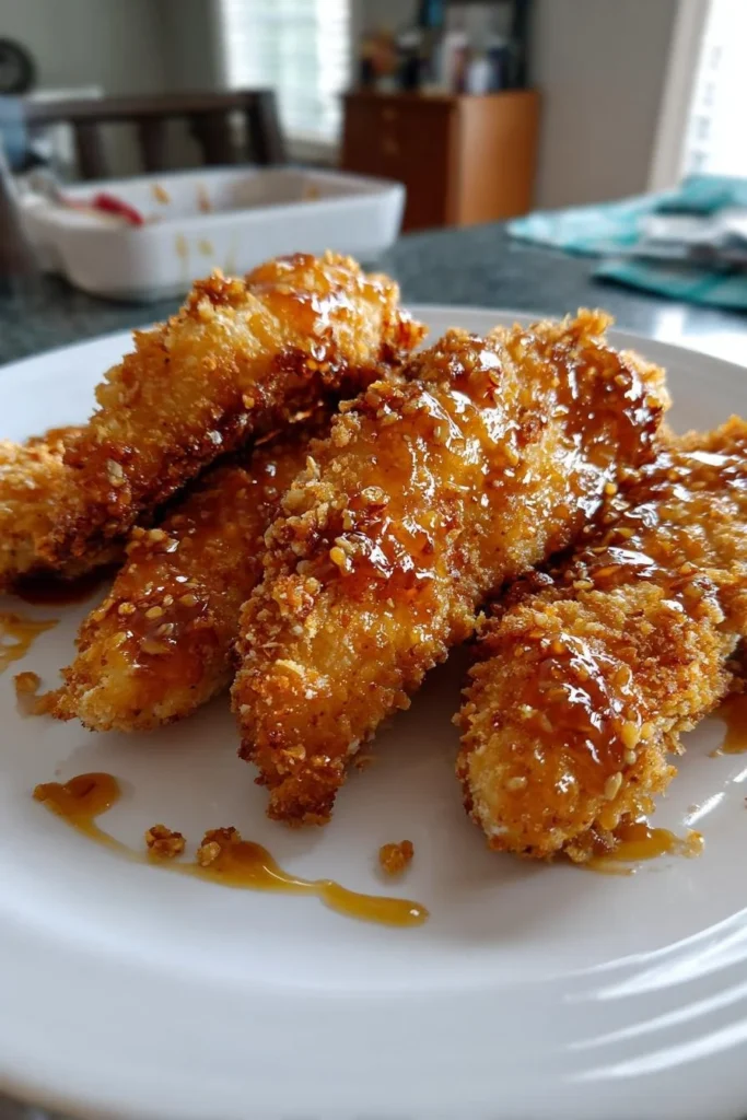 Air Fryer honey butter garlic chicken tenders served with dipping sauce