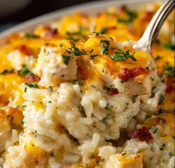 Baked Angel Chicken and Rice Casserole topped with herbs and cheese
