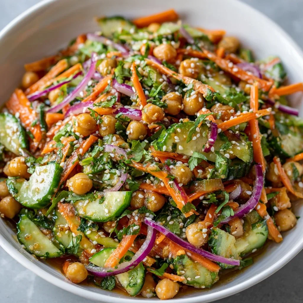 Asian cucumber and chickpea slaw topped with sesame dressing in a bowl