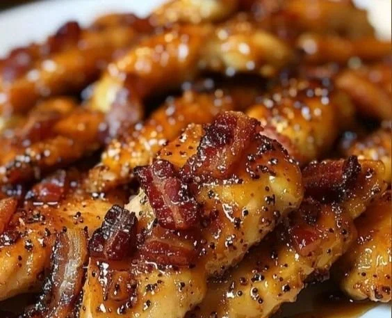 Bacon Brown Sugar Chicken Tenders served on a plate with herbs