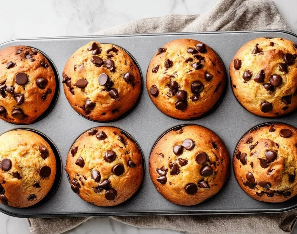 Banana Chocolate Chip Protein Muffins on a wooden table