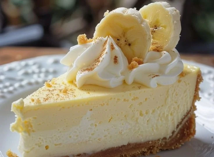 Delicious slice of Banana Cream Cheesecake topped with fresh bananas and whipped cream