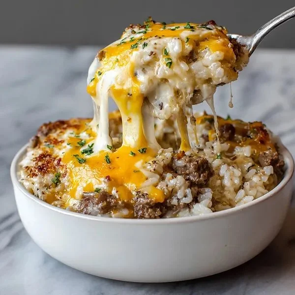 Delicious Beefy Garlic Butter Bowl topped with fresh herbs and garlic