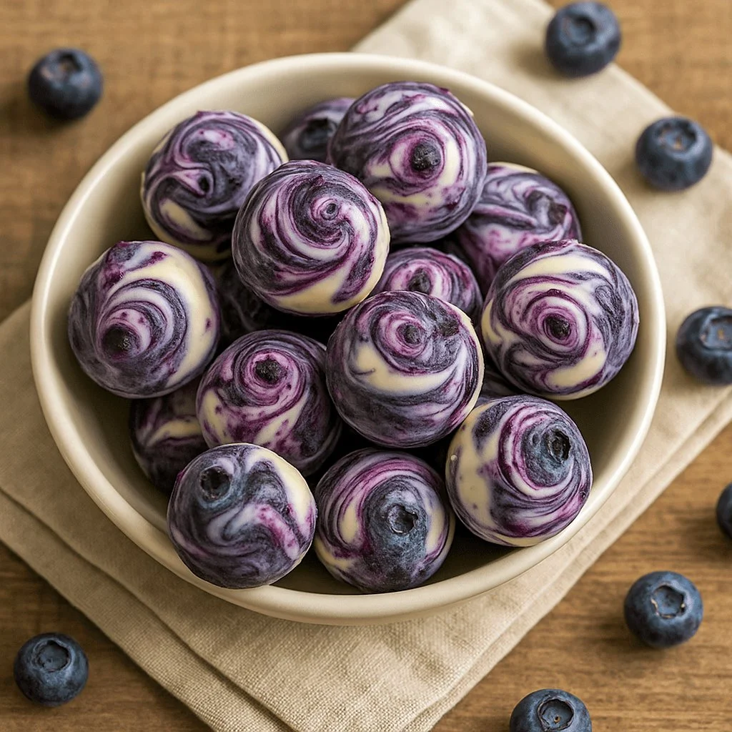 Blueberry Greek yogurt bites in a bowl, healthy breakfast snack