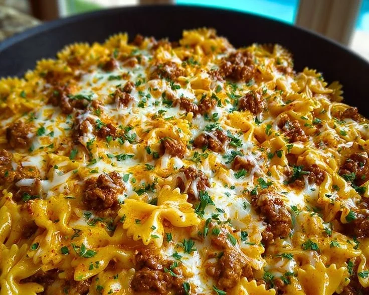 Cajun Cream Cheese Alfredo Bowties with spiced ground beef dish