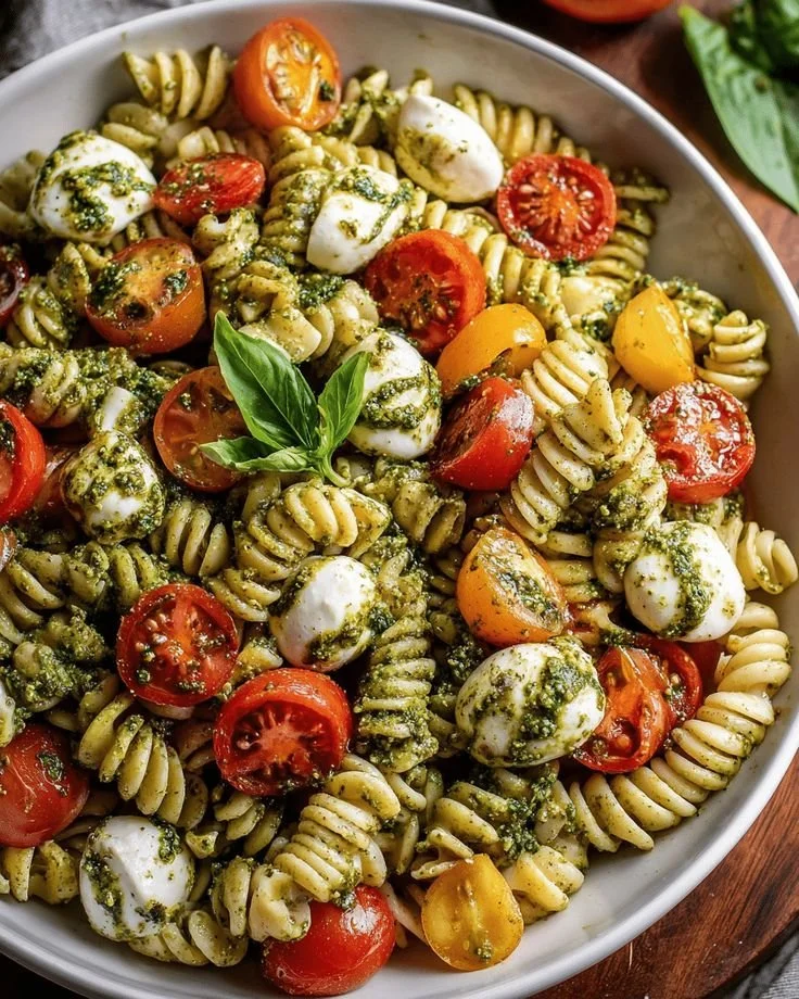 Caprese Pesto Pasta Salad featuring fresh tomatoes, basil, and pasta