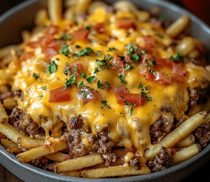 Delicious Cheeseburger Casserole topped with crispy French fries