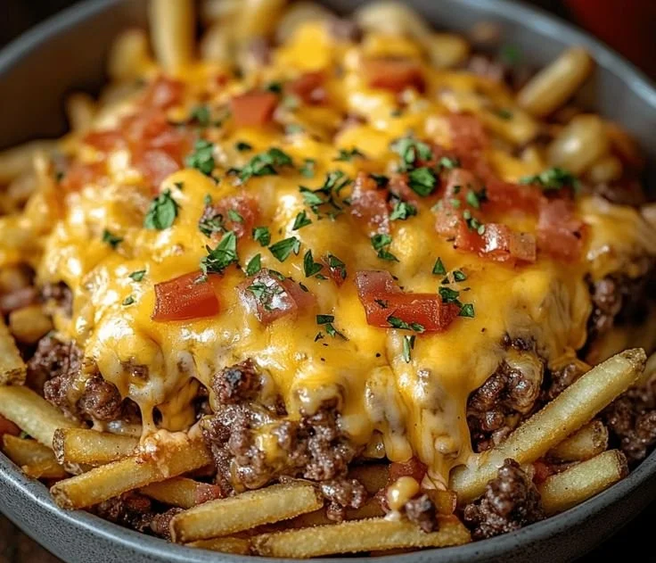 Cheeseburger French fry casserole topped with melted cheese and garnished with parsley