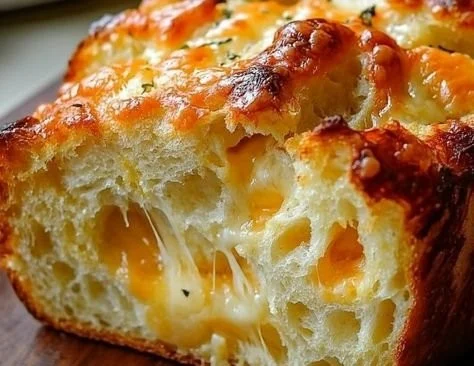Freshly baked cheesy bread with melted cheese on top
