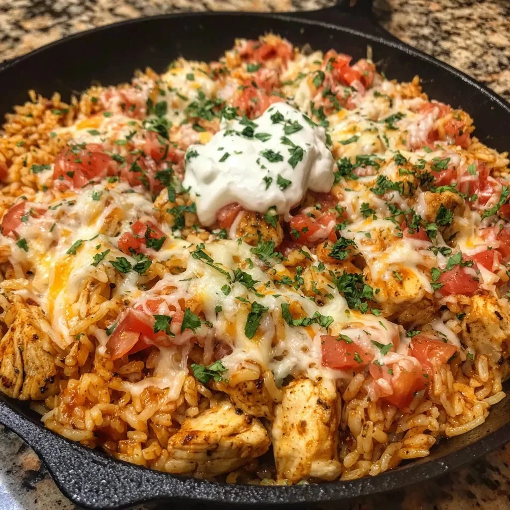 Cheesy chicken taco rice served in a bowl with toppings