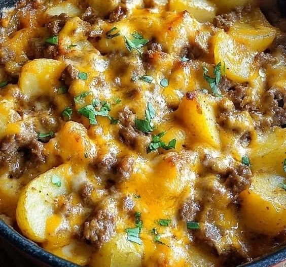 Cheesy One-Pot Beef and Potatoes in a skillet, ready to serve.