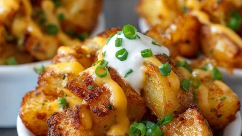 Cheesy taco potatoes topped with melted cheese and fresh toppings