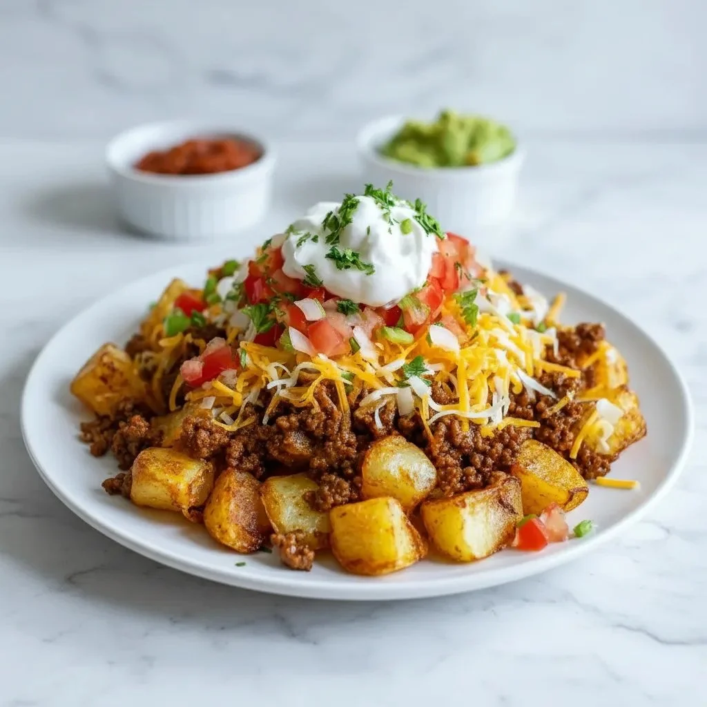 Delicious cheesy taco potatoes topped with cheese and spices