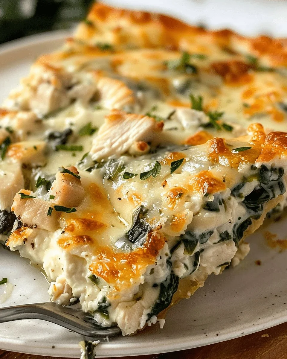 Delicious Chicken and Spinach Casserole topped with cream cheese