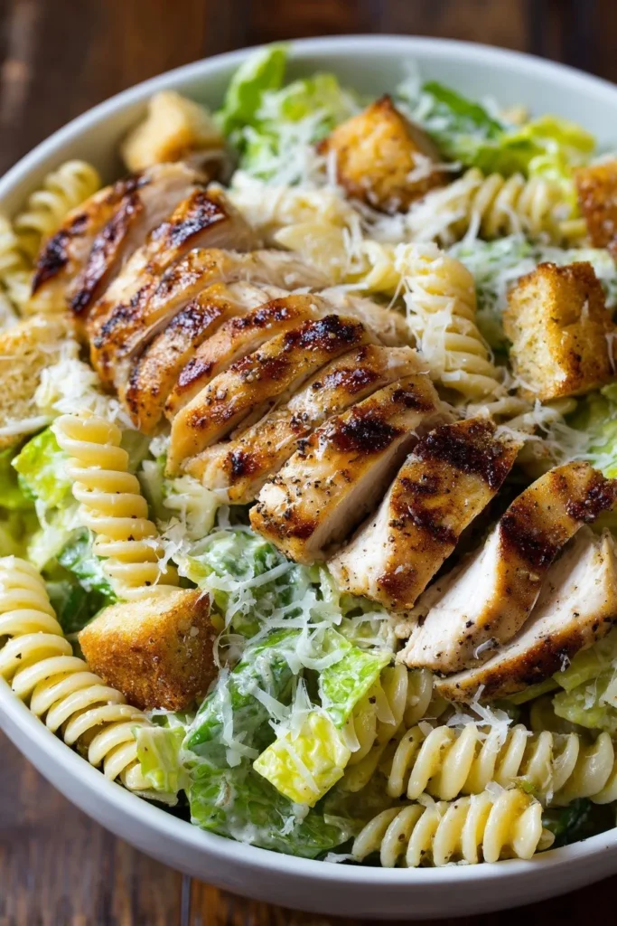 Chicken Caesar Pasta Salad featuring grilled chicken, romaine, and Caesar dressing
