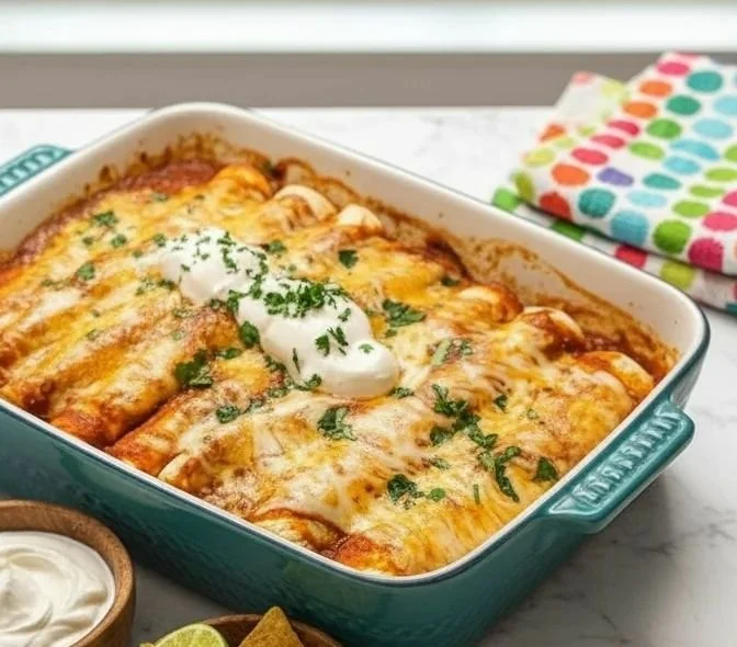 Delicious homemade chicken enchiladas topped with cheese and garnished with cilantro