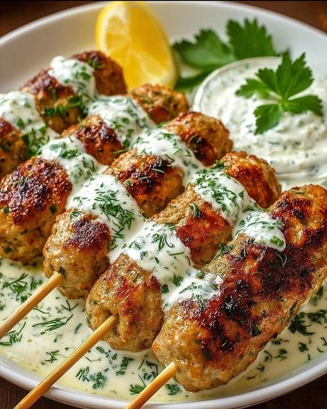 Plate of Chicken Kofta served with garlic yogurt sauce and garnishes