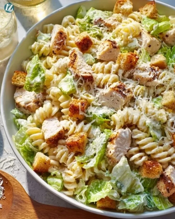 Delicious Chicken Pasta Salad with colorful vegetables and dressing