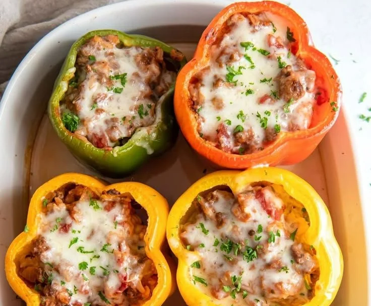 Classic stuffed peppers filled with meat and rice on a plate