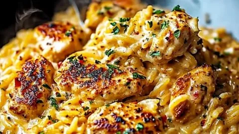 Creamy Cajun Chicken Alfredo orzo served in a bowl