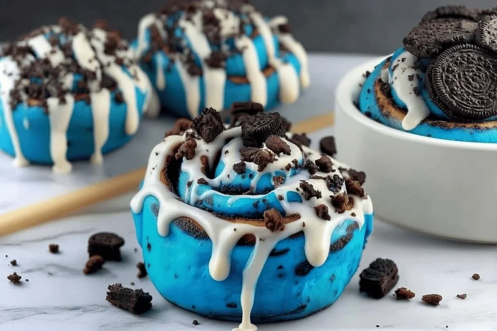 Delicious Cookie Monster Cinnamon Rolls with blue swirl icing