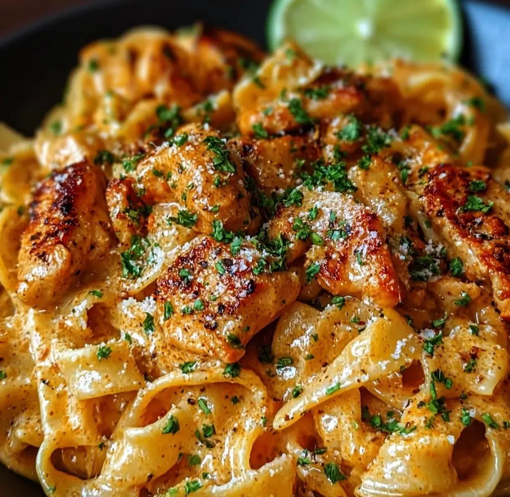 Cowboy Butter Chicken Pasta served on a plate, garnished with herbs