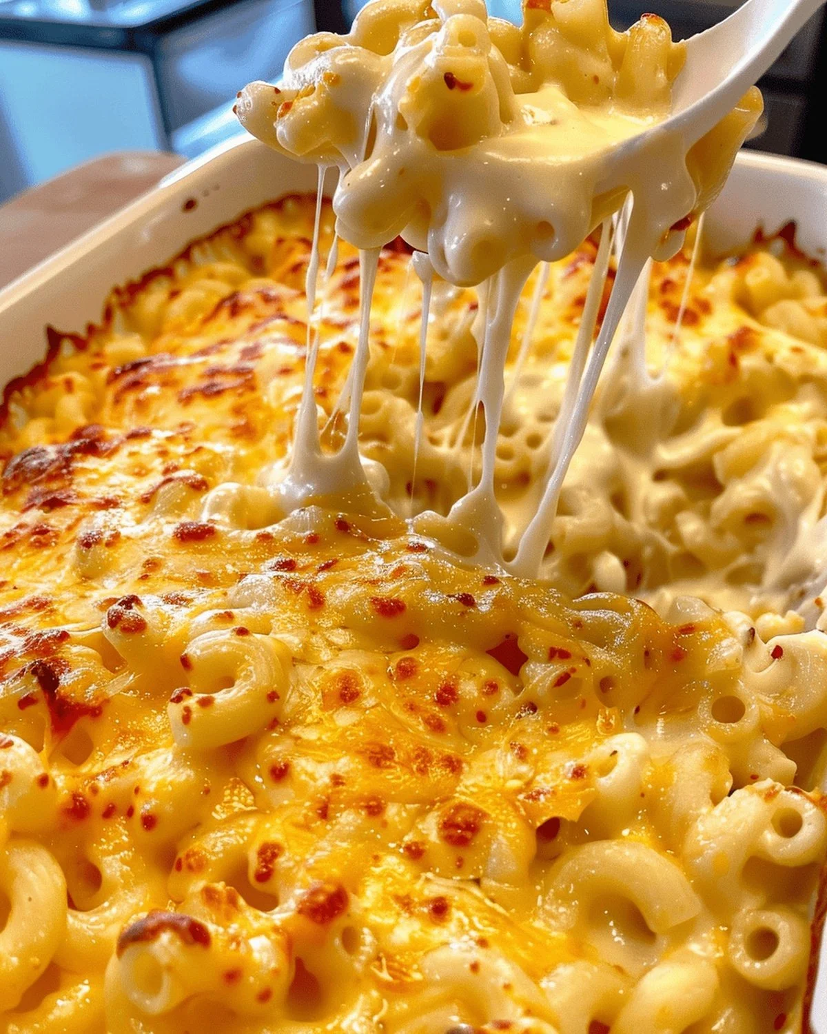 Creamy baked macaroni and cheese served in a casserole dish