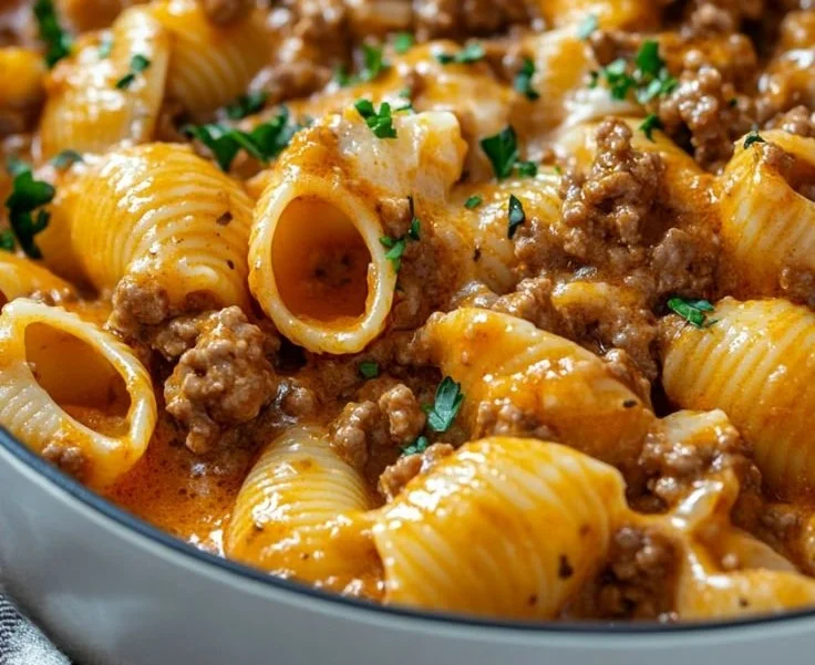 Creamy Beef and Shells dish with pasta and ground beef in a flavorful sauce